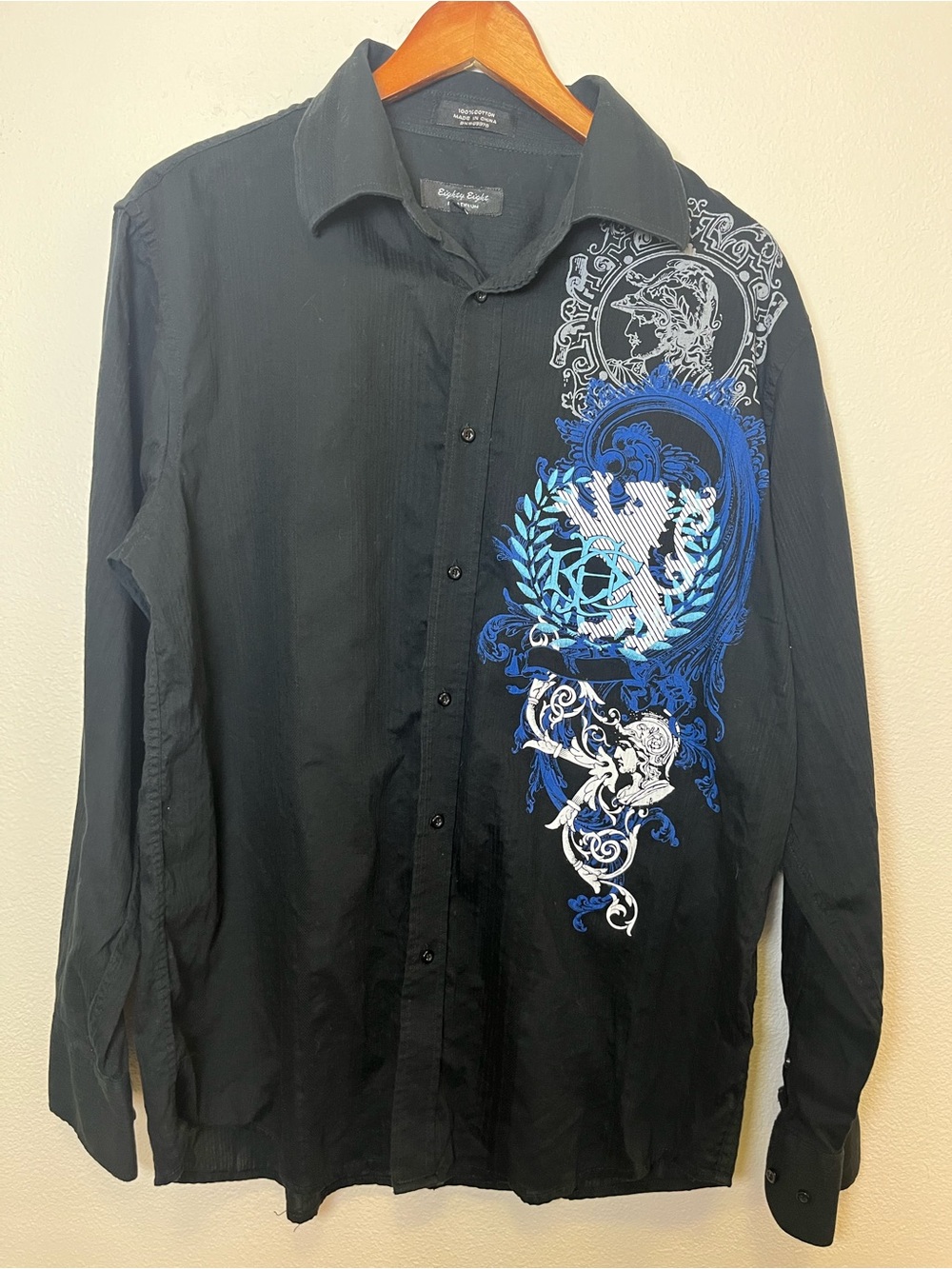 Eighty Eight Vintage Y2K Lion Crest Black Cotton Button-Up Shirt